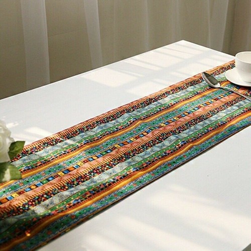 Ethnic Table Runner Boho Tasseled Edges Tablecloth Cotton Linen Table Cover Blue
