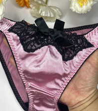 Glossy Pink Vintage Slippery Nylon Panties Black Lace Hi Cut Sissy Briefs Sz.5