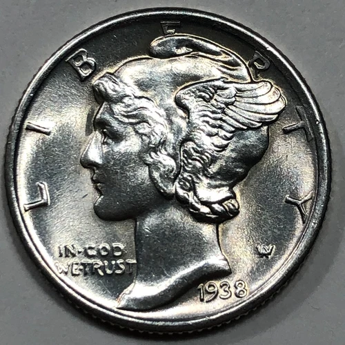 1938-S  Uncirculated Mercury Silver Dime with Fully Separated Bands #19738