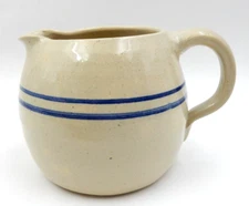 VINTAGE STONEWARE PITCHER SALT GLAZE CROCK BLUE STRIPES FARMHOUSE DECOR