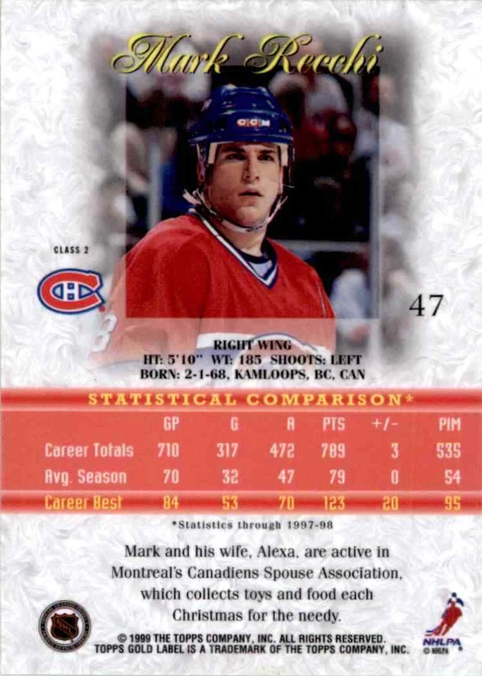 1998-99 Topps Gold Label Mark Recchi #47 - Image 2 of 2