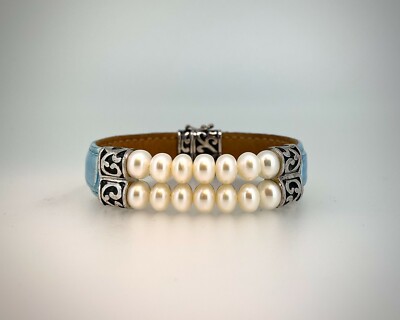 【HYERES LOR】23SS★ H edition Dark Gray Pearl Bead Bracelet Honora Blue Band Leather and Sterling Silver Bracelet with