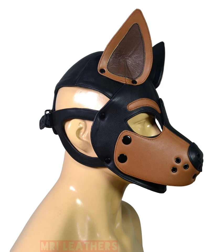 Hocico extraíble con capucha para cachorro Doberman de cuero tostado Foto 2 de 4