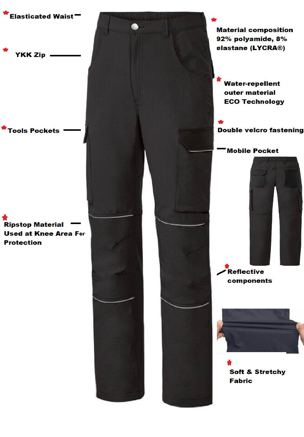 Mens Cargo Work Trousers Stretchy Combat Elasticated Waist Tactical