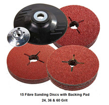 115mm Plastic Backing Pad for Angle Grinder & 15 Mixed Fibre Sanding Discs 