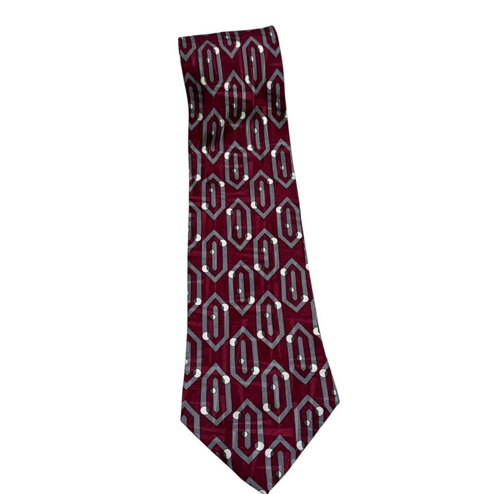Corbata Linea Moda Hecha a Mano 100% Seda Para Hombre Borgoña Diseño Geométrico Cóctel Retro Foto 2 de 4