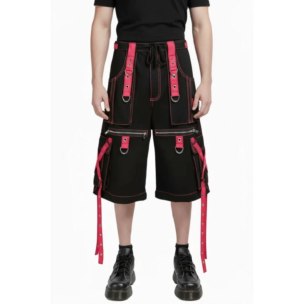 Black & Pink Grommet Chain Suspender Cargo Shorts