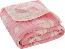 Organic Cotton Muslin Baby Blanket 43x43 Inch 6 Layer Reversible Pink Ocean Sea