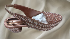 Women's Rose Gold Pearl Embellished Slingback Block Heel Sandals Party Shoes