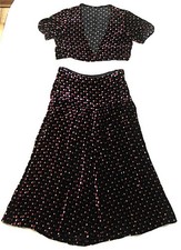 VINTAGE 1930S 40S BLACK SILK VELVET W MULTCOLOR POLKA DOT SKIRT  BOLERO TOP SM