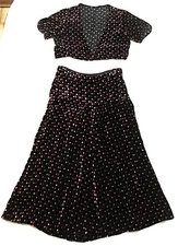 VINTAGE 1930S~40S BLACK SILK VELVET W MULTCOLOR POLKA DOT SKIRT & BOLERO TOP~SM