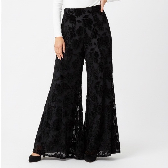 Maeve By Anthropologie Pants Women's 6 Black Burnout Floral Velvet Wide Leg
