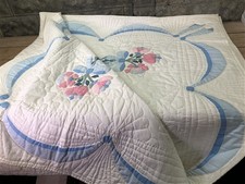 Pink Blue Floral Bouquet Hand Stitched Applique Homemade Quilt, Vintage Folk Art