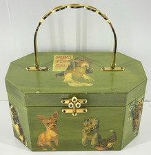 ⭐VTG 1960s Annie Laurie Palm Beach- 3D Octagon Wooden Box Decoupage Dogs Purse