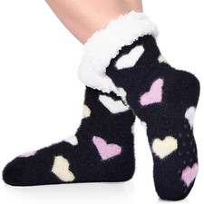 Women's Cozy Fuzzy Non Slip Cabin Fluffy Warm Winter Home Socks Black Heart