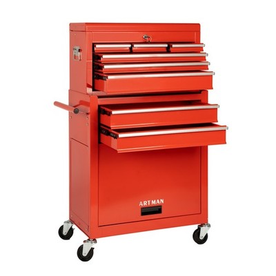 8-Drawer Rolling Tool Chest Cabinet with Lockable Wheels & Detachable Top, Red