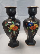 Vintage a pair Hand Painted Hexagonal Art Nouveau vases Black with Floral Design