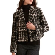 Tribal Black White Plaid Preppy Boucle Tweed Cropped Blazer Jacket NWT Size L