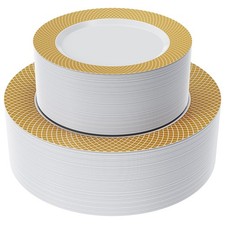 Gold Plastic Plates Set Of 102 Disposable Plates With Gold Grid Rim 51 Dinner Pl