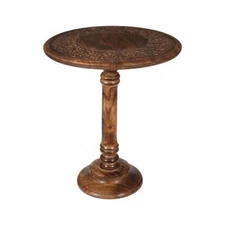 Lightnpro Hand Carved Solid Mango Wood Round Pillar Accent Table - 18" × 22" ...