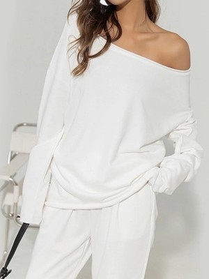Commense Large White Asymmetrical Off Shoulder Solid Sweatshirt NWT $29