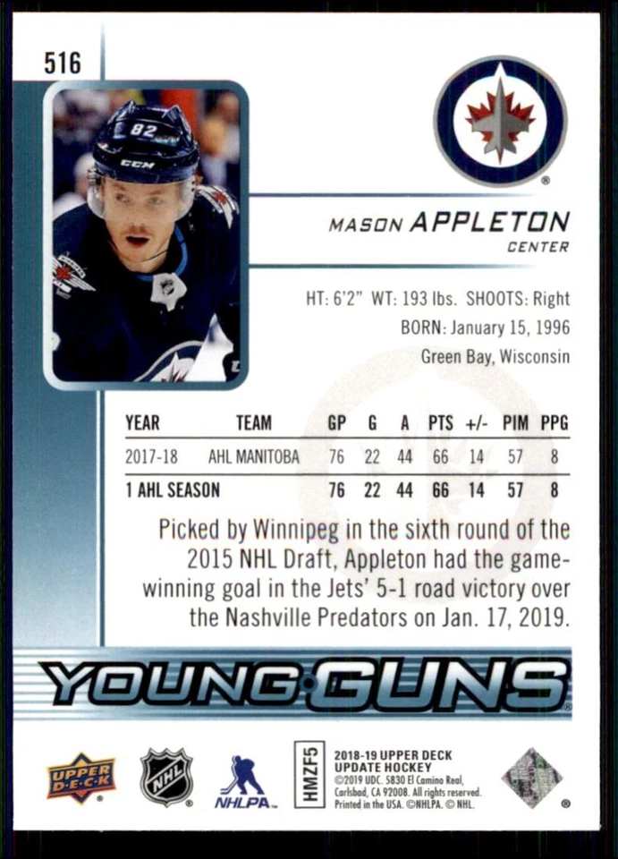 2018-19 SP AUTHENTIC UPPER DECK UPDATE YOUNG GUNS RC MASON APPLETON JETS #516 - Image 2 of 2