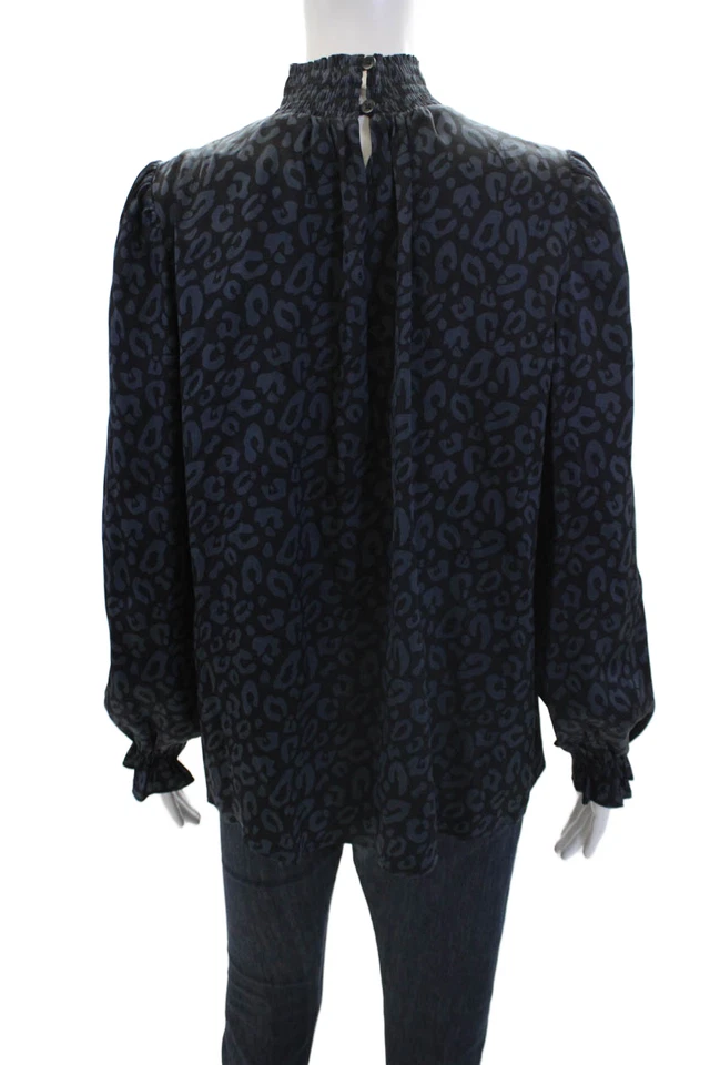 Blusa Top Tucker Mujer Seda Estampado Animal Cuello Alto Manga Larga Negra Talla S Foto 3 de 4