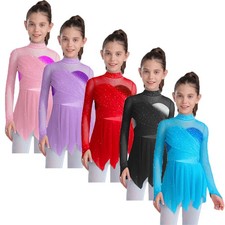 Kids Girls Dress Mock Neck Costume Ruched Dancewear Pa Sparkly Leotard Hem Mesh