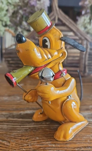 1940's Marx Mechanical Wind Up Tin Disney Pluto the Drum Major Toy