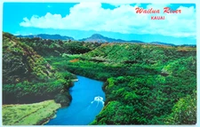 Kauai Wailua River Hawaii Postcard Vintage Chrome Aerial View Landscape Boat
