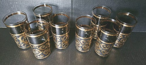 MCM Culver EBONY BAROQUE Black Gold Highball Tumbler Glasses 12 oz - Picture 2 of 10