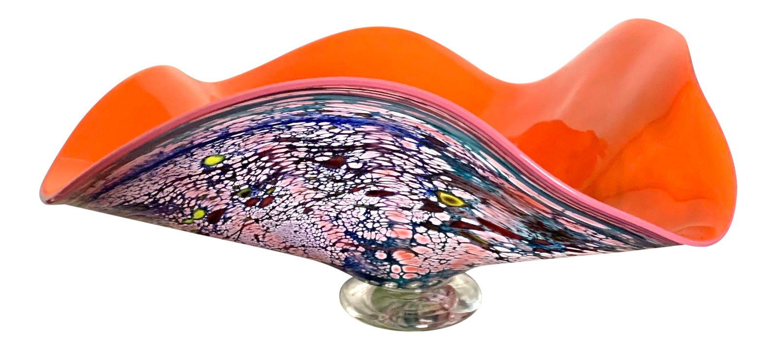 Murano Italian Millefiori Orange Pink and Chartreuse Art Glass Wavy