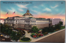 Washington DC USA Library Of Congress Annex Flag Flowers Linen Vintage Postcard