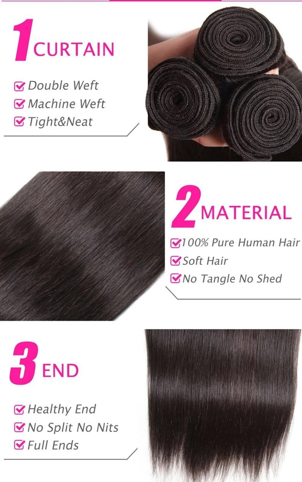 Peruvian Straight Human Hair 3 Bundles With 4"X4" Lace Closure Hair Extensions - Image 3 of 4