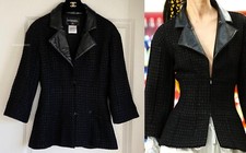 CHANEL 14A RUNWAY BLACK SUPERMARKET LEATHER TRIM CC TWEED JACKET 38