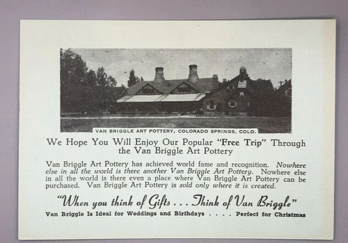 c 1960 VAN BRIGGLE ART POTTERY Colorado Springs ADVERTISING CARD Vintage