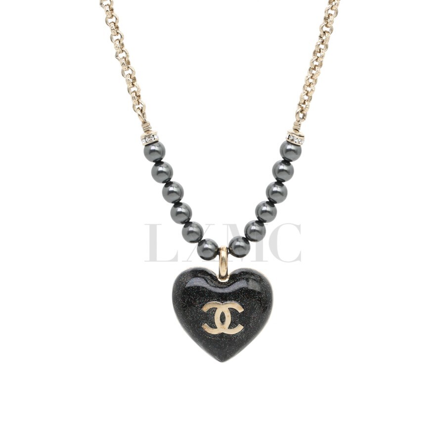 Chanel Choker CC Logo Heart Chain Necklace Black Pearl