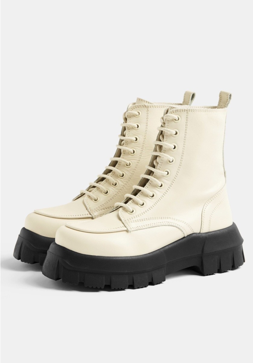 Topshop Ava Ecru Cream 100% Leather Chunky Platform Combat Lace Up