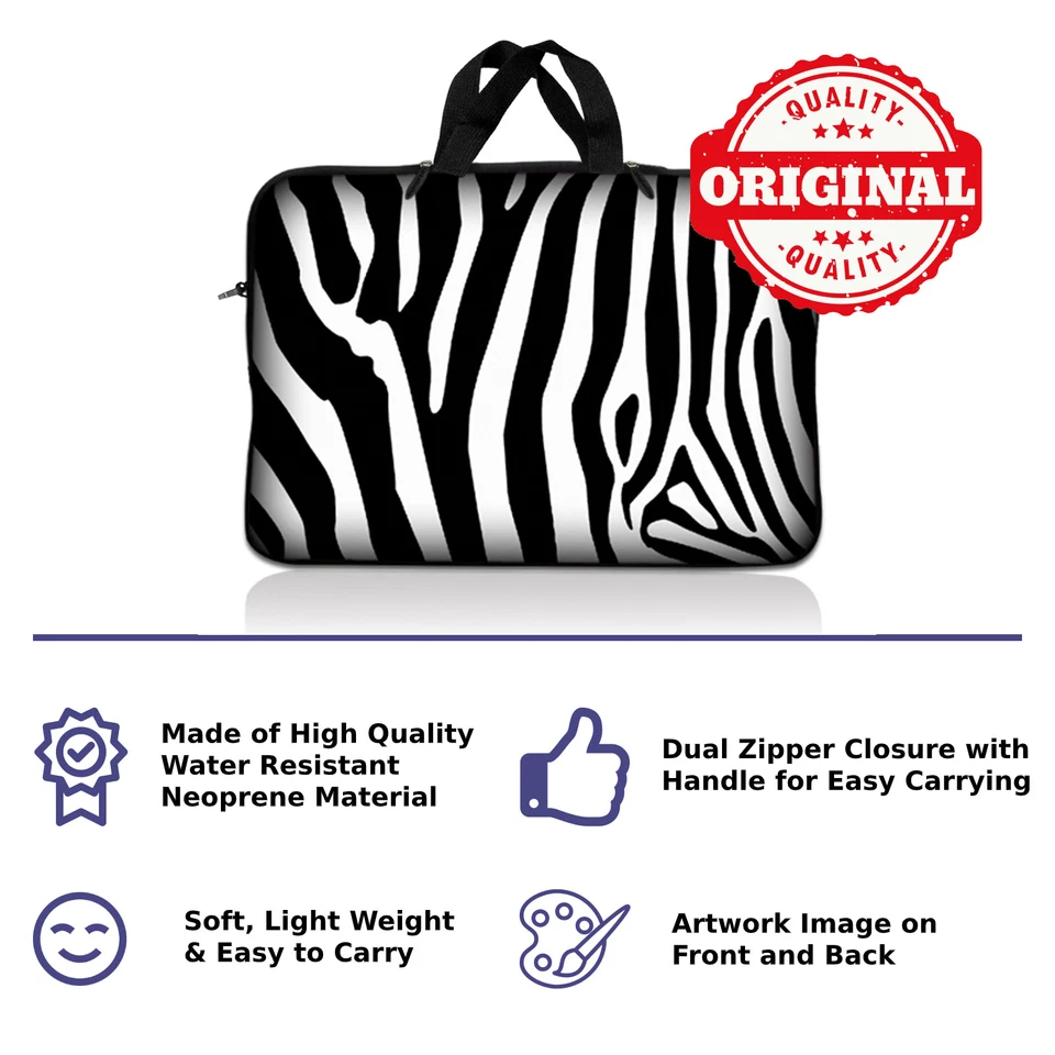 17.3” 17.4” Neopreno Laptop Notebook Funda Estuche Bolsa con Asa 16” Cebra Foto 3 de 4