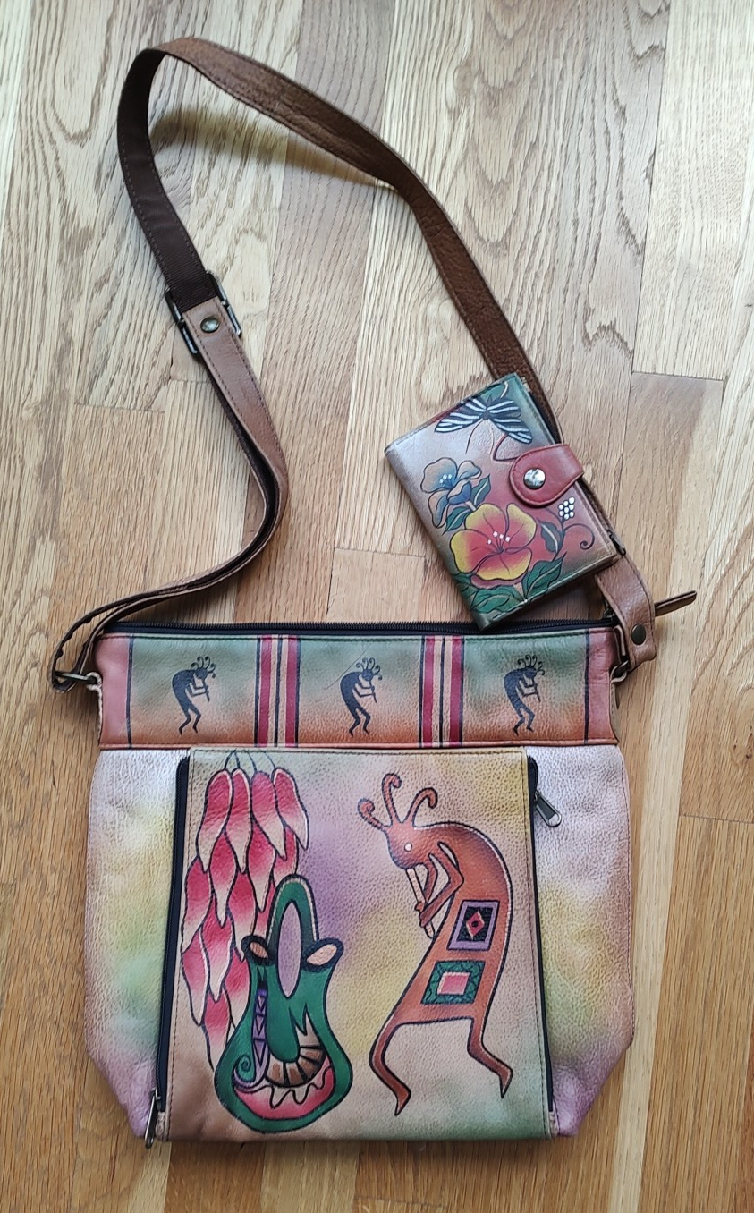 Anuschka Handpainted Leather Crossbody Pocketbook & WALLET Kokopelli Fertility