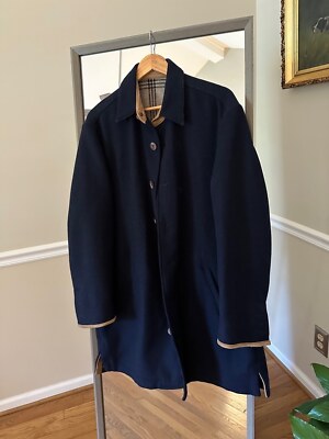 Men's MINE Wool Coat, M, Navy Blue, Beige Genuine Leather Trim