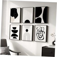 Framed Boho Abstract Wall Art, Set of 6 Modern Canvas Prints Black and White