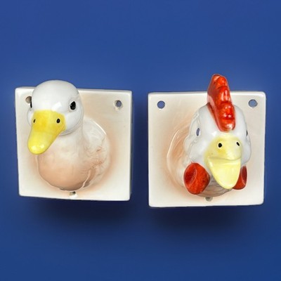 Vintage Ceramic Apron Towel Hook Holder Lot 2 Piece Chicken Duck Head & Hardware