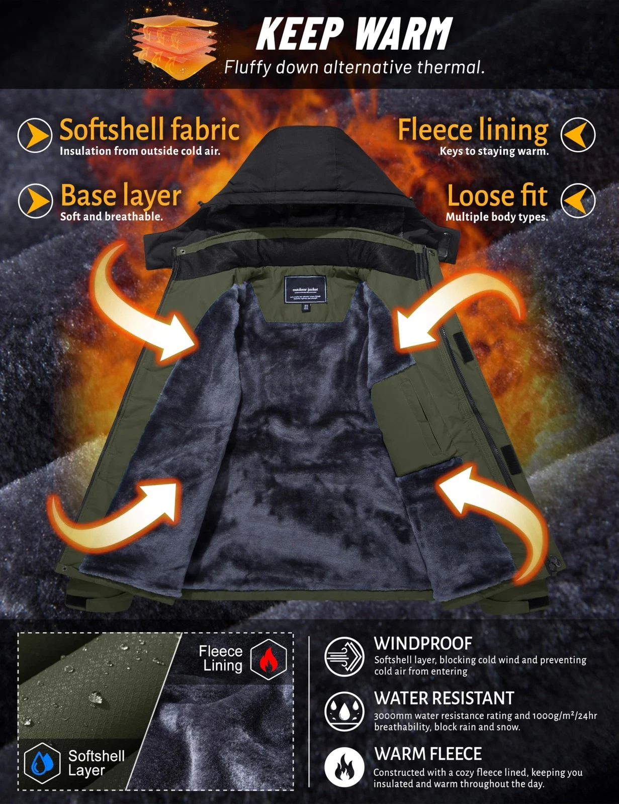 TACVASEN Winter Jacket for Men Fleece Lined Skiing Snowboarding Jacket - product detail image 3