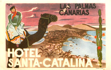 Hotel Santa Catalina ~CANARY ISLANDS - SPAIN~ Beautiful CAMEL Luggage Label 1950