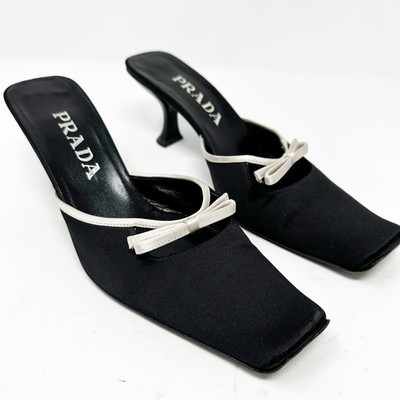 Prada Vintage Mules Black Satin Kitten Heels Bow Accent Size