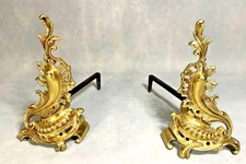 Antique Pair of French Louis XV Rococo Ornate Brass Fireplace Andirons -Polished