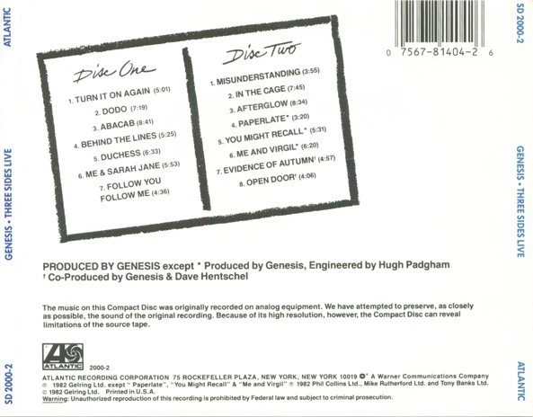Genesis - Three Sides Live (2 CDs) - Atlantic 1990 - Made in USA - Bild 2 von 2