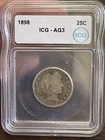 Rare! 1898 Barber Silver Quarter ~ Straight Grade AG3