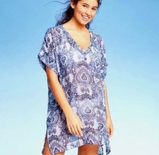 Blue Beach Cover Up Women's V-Neck Swimsuit Cover Up Blue Paisley Medium